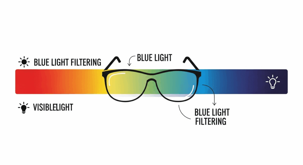 A diagram showing the visible light spectrum, with an eyeglass lens positioned to filter and reduce the amount of blue light passing through it.