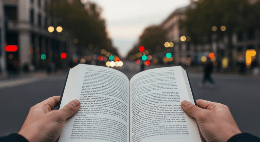 Clear foreground of a book, with a distant street scene blurred, illustrating nearsightedness.