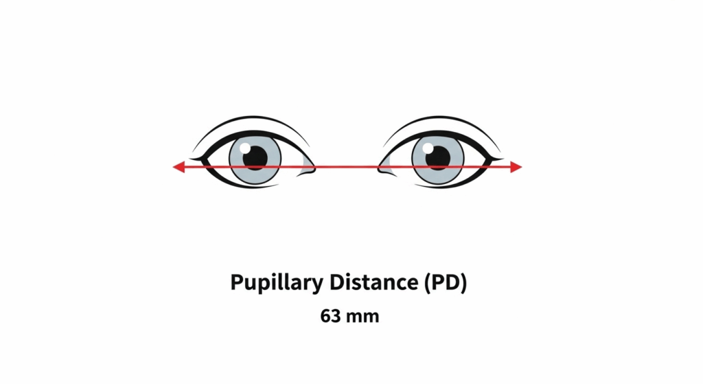 A clear diagram showing pupillary distance (PD) as the measurement in millimeters between the centers of two pupils.
