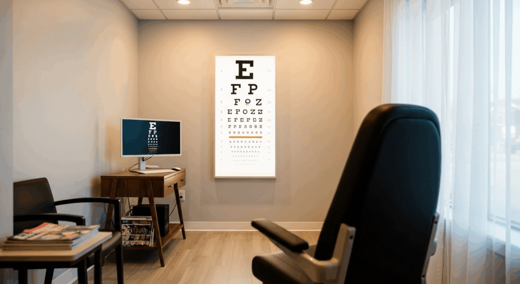 A Snellen eye chart in a modern optometrist's office, used to measure 20/20 visual acuity.
