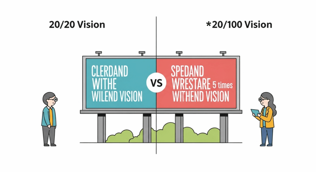 An infographic comparing 20/20 and 20/100 vision using a billboard analogy, showing a person needing to be much closer to read the same text