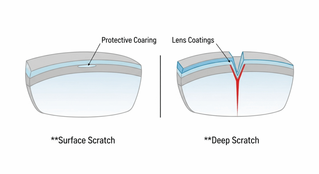 Diagram comparing a shallow surface scratch on an eyeglass coating to a deep scratch that cuts into the lens material itself.