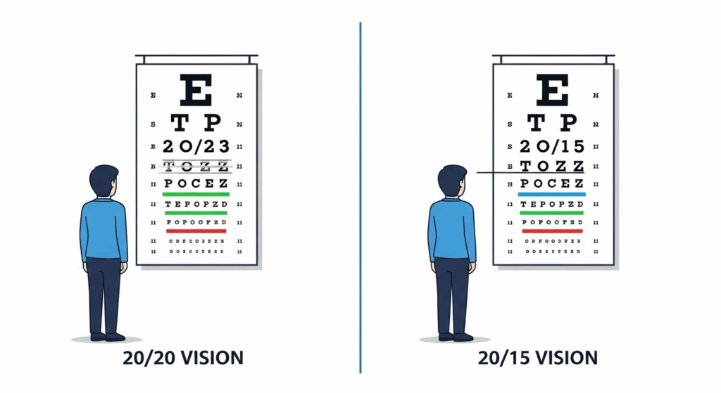 An infographic visually comparing 20/20 and 20/15 vision using a Snellen eye chart to show the difference in clarity from the same distance.