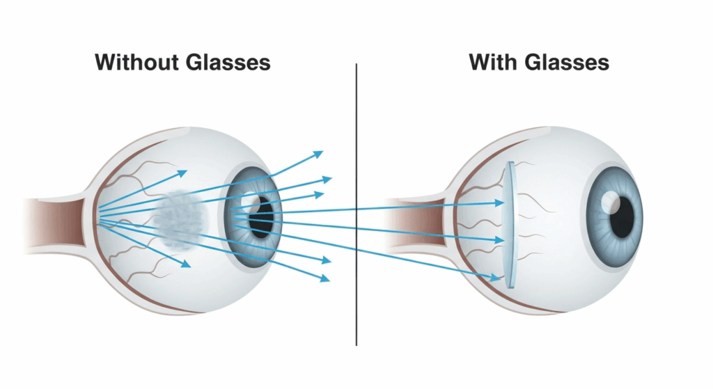 A diagram illustrating how eyeglasses work by correcting the focal point of light onto the retina for clear vision.