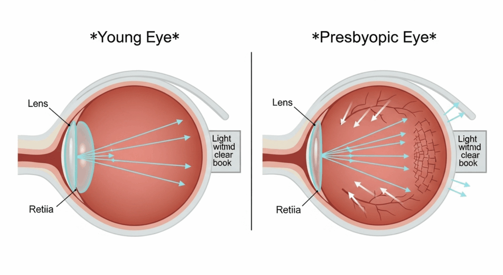 A diagram comparing a young eye's flexible lens focusing correctly, to an older, presbyopic eye's stiff lens causing blurry near vision.