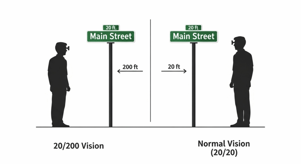 Infographic comparing 20/200 vision to normal vision using the concept of distance and a street sign.