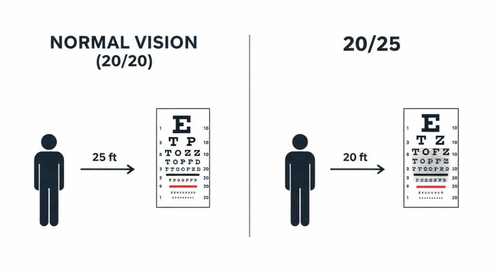 An infographic explaining 20/25 vision, showing one figure viewing an eye chart from 20 feet, while a figure with normal vision sees the same line from 25 feet.