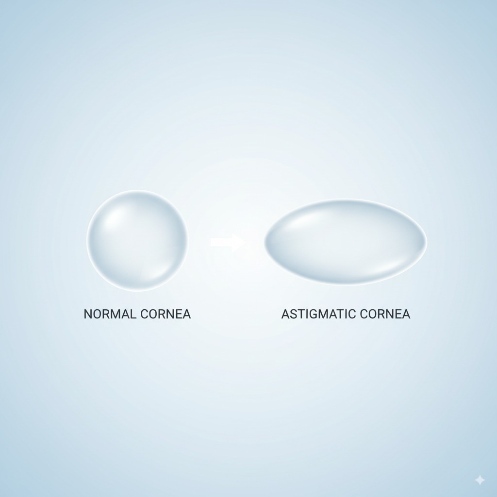 A visual metaphor showing a perfectly round sphere next to an elongated, slightly oval-shaped sphere, illustrating the difference between a normal eye and an eye with astigmatism.