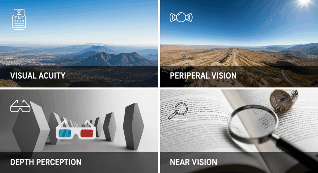 A four-panel image illustrating different aspects of vision: visual acuity, peripheral vision, depth perception, and near vision.