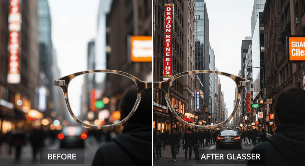A side-by-side comparison showing a blurry view without glasses versus a sharp, clear view with glasses.