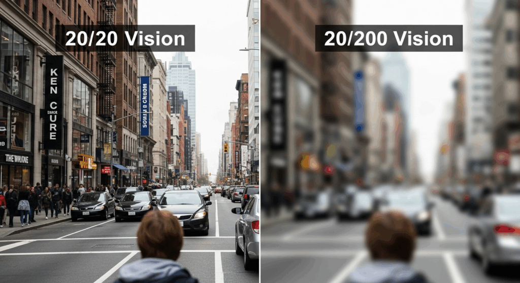 A comparison image showing a city street view with normal 20/20 vision versus the blurry and indistinct view of 20/200 vision