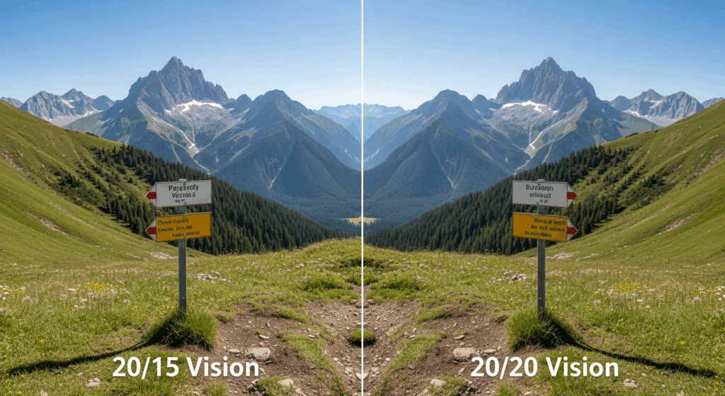 A split-screen image comparing 20/15 vision (very sharp) to 20/20 vision (normal sharpness) using a distant sign in a landscape.