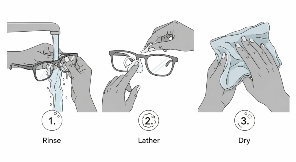 A 3-step infographic showing how to clean eyeglasses: rinsing with water, gently applying soap, and drying with a microfiber cloth.