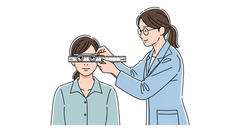 An illustration of a person helping another person accurately measure their pupillary distance with a millimeter ruler.