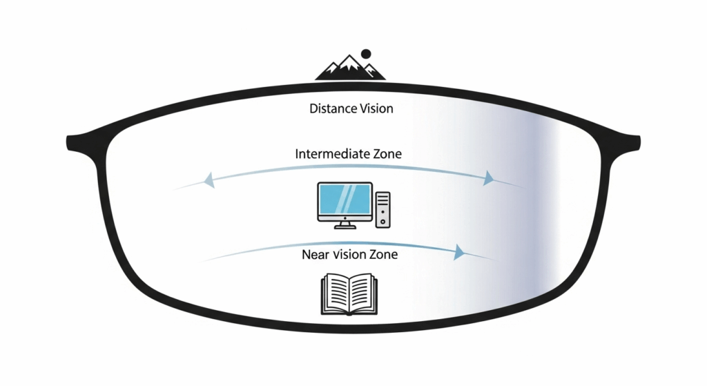 Illustration of a progressive lens with seamless zones for distance (mountain icon), intermediate (computer icon), and near vision (book icon).
