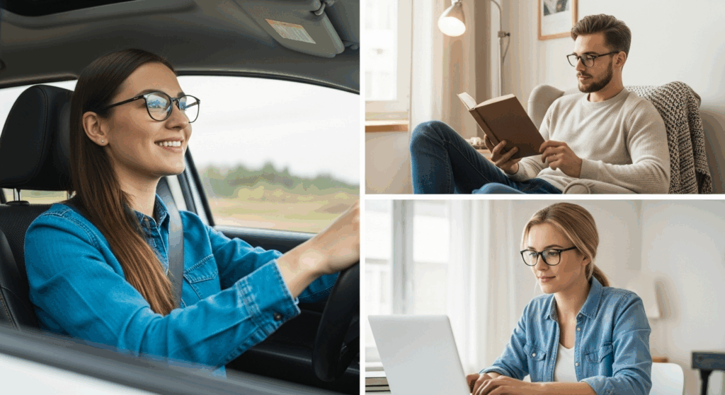A collage showing people using single vision glasses for driving, reading, and computer work.