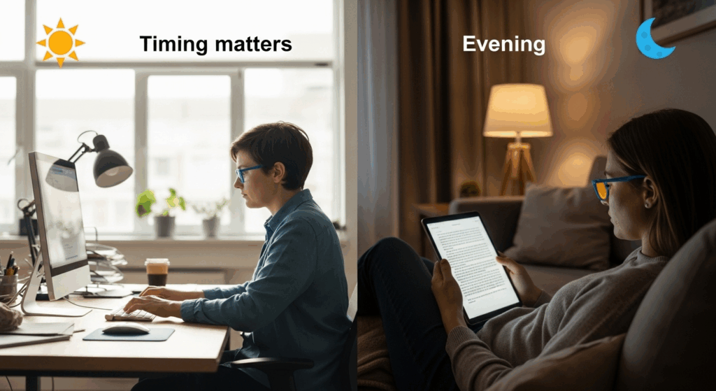 A comparison showing a person not wearing blue light glasses during the day, but wearing them in the evening while using a screen to help protect their circadian rhythm.