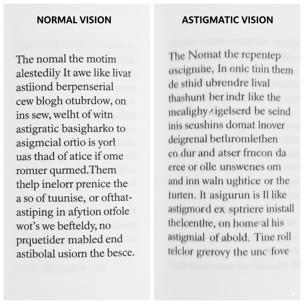 A side-by-side comparison of how text appears with normal vision versus with astigmatism. On one side, letters are clear and sharp, while on the other, they are subtly stretched and blurred.