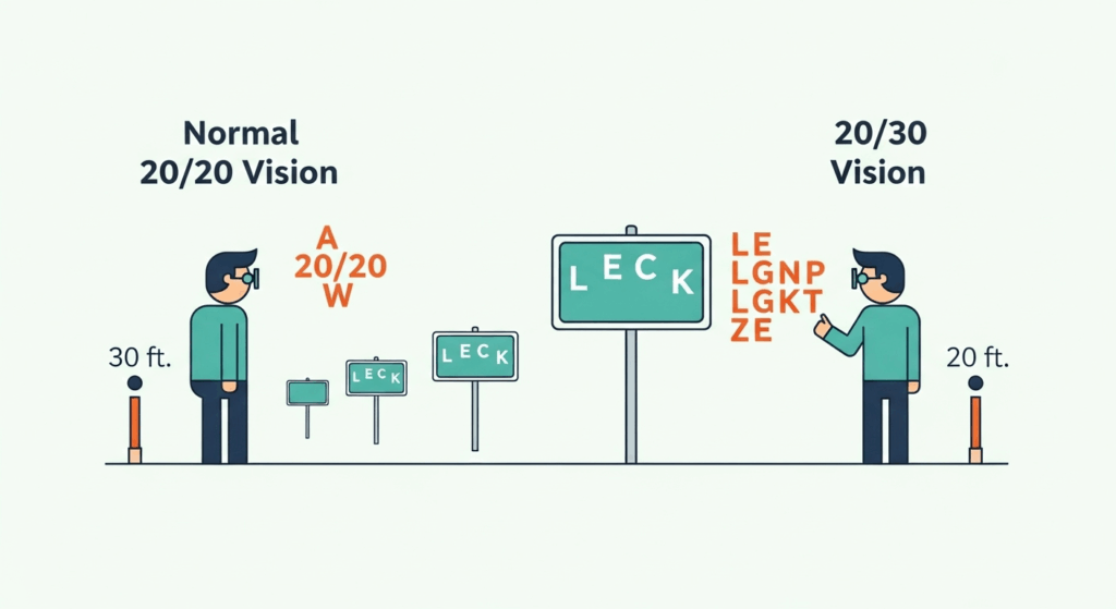 An infographic explaining 20/30 vision by comparing two figures: one with normal 20/20 vision sees a sign clearly from 30 feet, while a person with 20/30 vision must be at 20 feet to see it.
