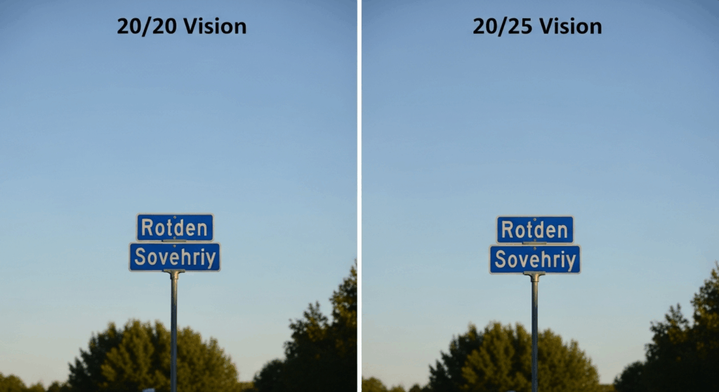 A side-by-side comparison showing a distant sign viewed with sharp 20/20 vision versus slightly less sharp 20/25 vision