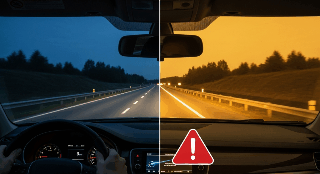 A split-screen view from a driver's perspective at night, comparing clear vision to the reduced visibility and contrast caused by wearing tinted blue light glasses.