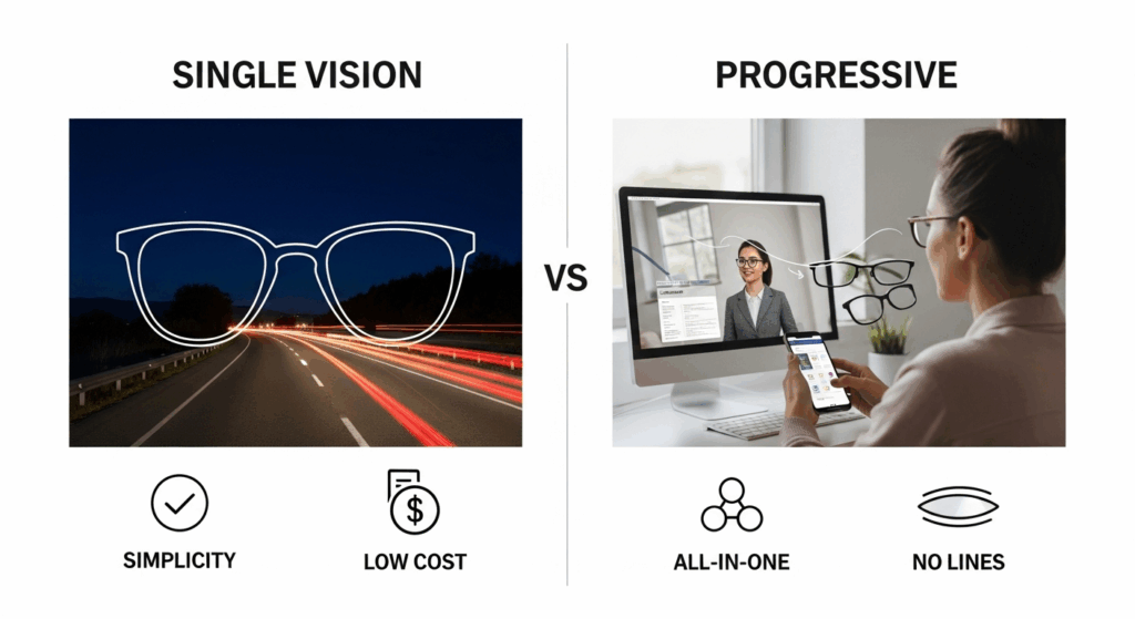Infographic comparing single vision lenses, highlighting clarity and cost, versus progressive lenses, highlighting all-in-one convenience and a seamless look.
