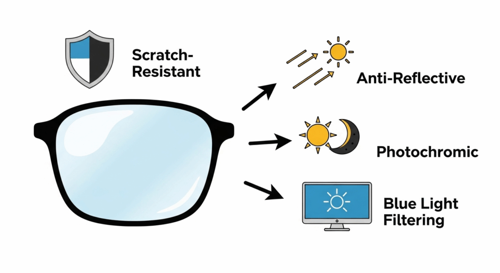 An illustration showing common lens coatings like anti-reflective and scratch-resistant.


