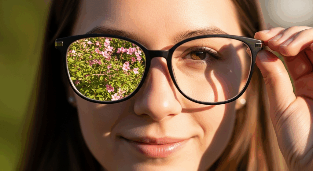 A person putting on glasses, with the view through the lenses becoming sharp and clear, symbolizing how corrective lenses can fix 20/100 vision.