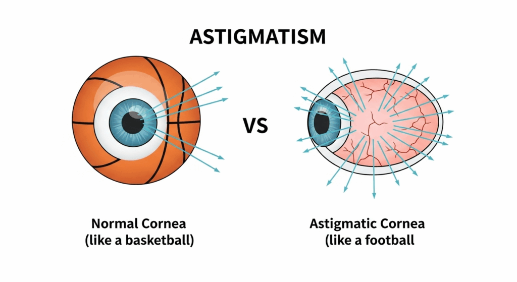 A diagram showing how astigmatism, an irregularly shaped cornea, causes light to focus unevenly compared to a normal eye.