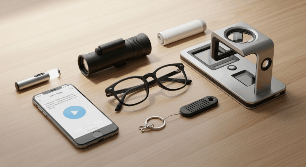 An assortment of low-vision aids, including glasses, a digital magnifier, and a smartphone, neatly arranged on a table.