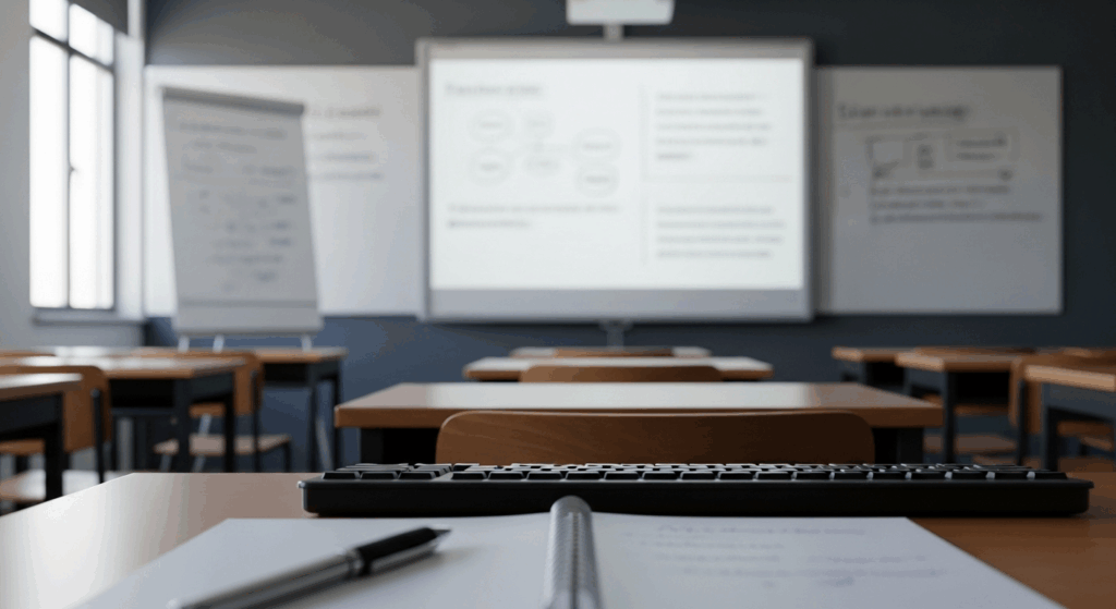 Blurry whiteboard in a classroom, with foreground items in focus, showing myopia symptoms.