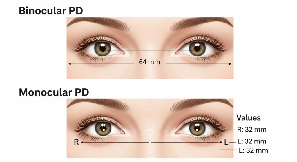 An infographic comparing Binocular PD, measured as one number between both pupils, and Monocular PD, measured as two separate numbers from the center of the nose to each pupil.