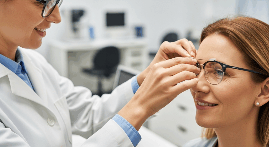 An optometrist professionally fitting a patient with a new pair of glasses in a clinic.