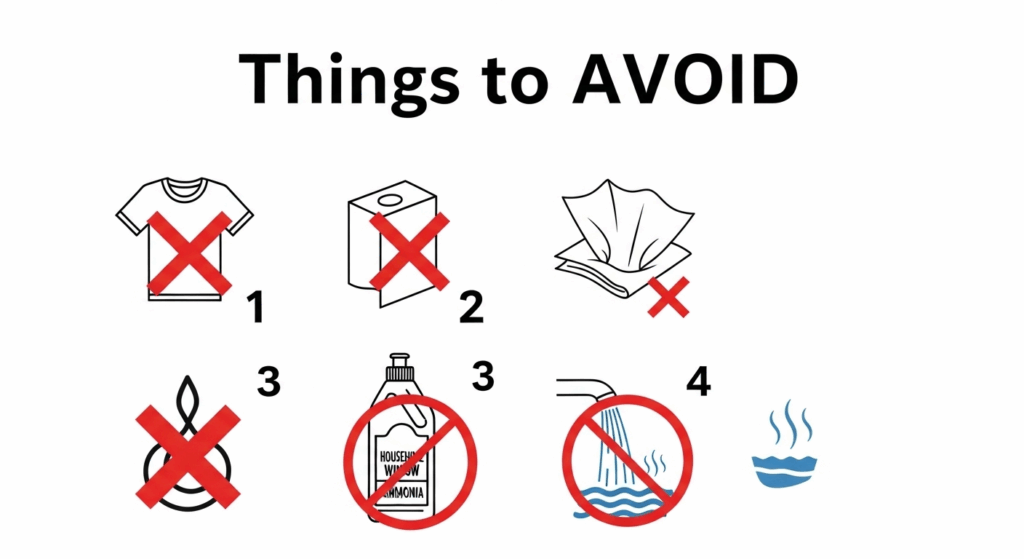 A warning graphic showing items to avoid when cleaning glasses, including a t-shirt, paper towels, harsh chemicals, and hot water, each marked with a red X.