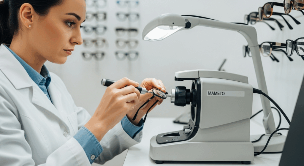 An optician in a professional setting carefully examining a pair of eyeglasses with specialized equipment, representing professional repair services.