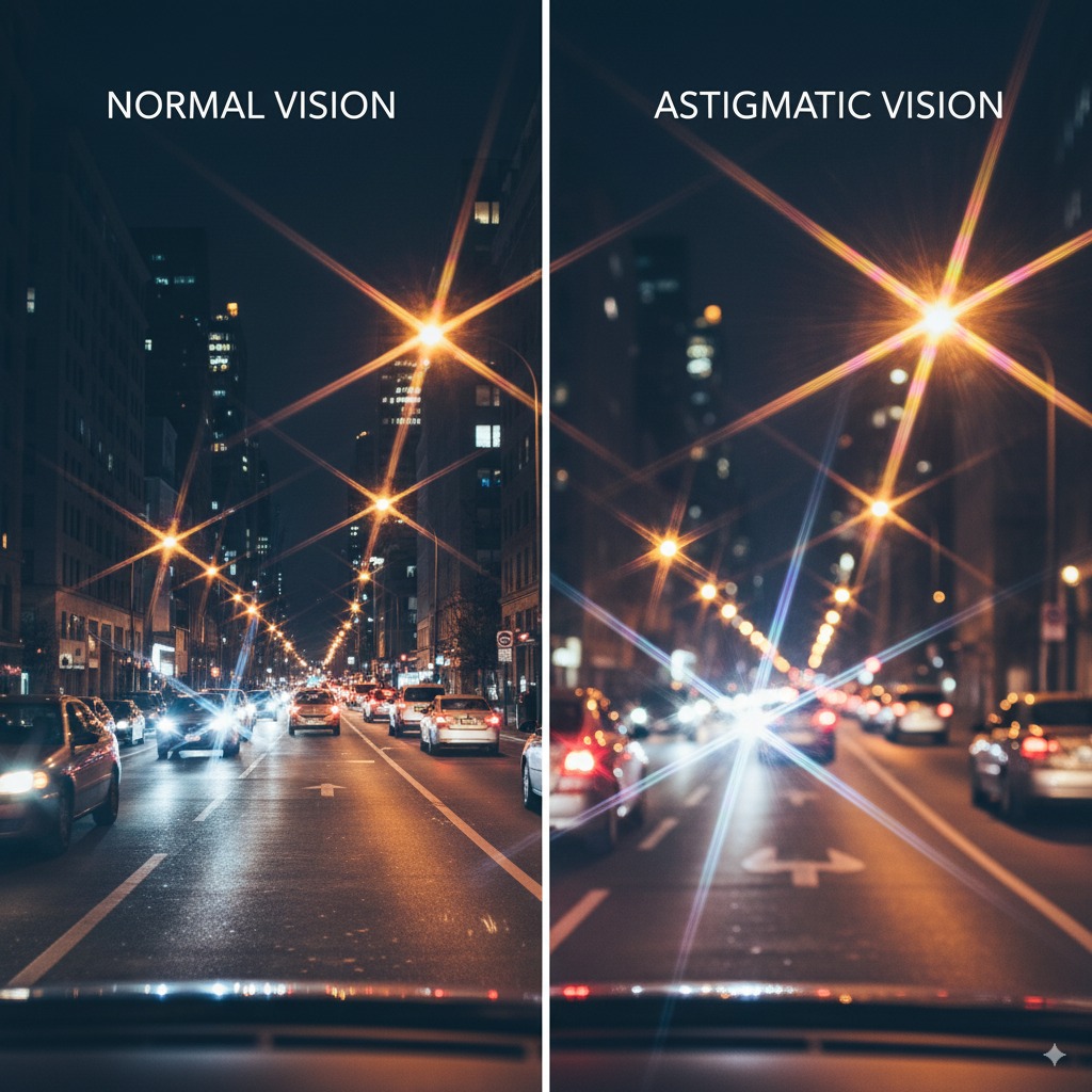 A night driving scene showing the difference in how headlights appear with normal vision versus with astigmatism, featuring sharp lights on one side and starbursts or streaks on the other.