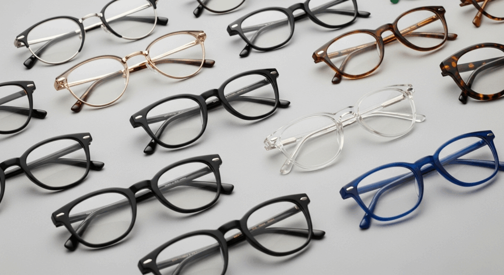 A collection of different styles of eyeglass frames.