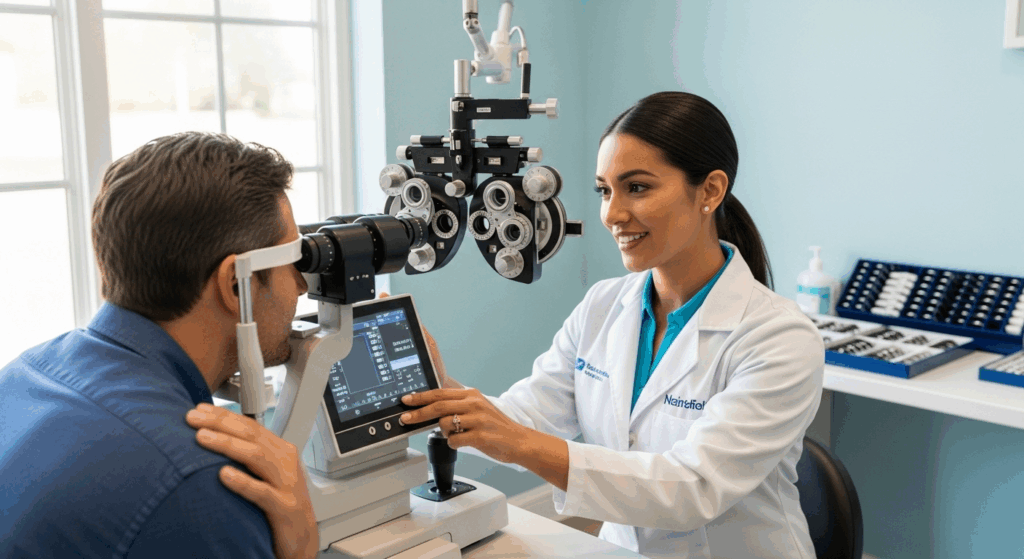 An optometrist performing a comprehensive eye exam on a patient, emphasizing that vision health is more than just reading an eye chart.
