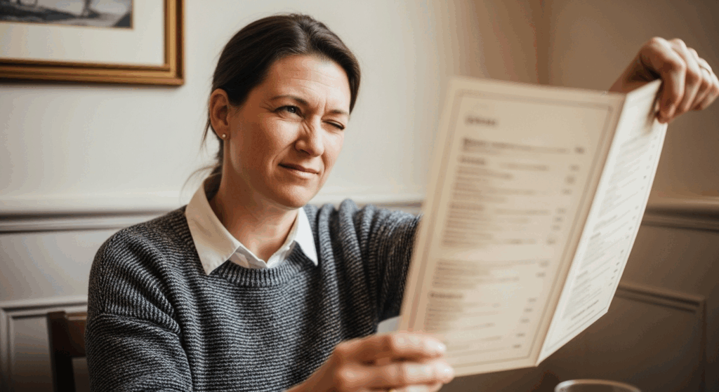 A person holding a menu far away from their face to read it, illustrating the effects of presbyopia and the need for reading glasses.