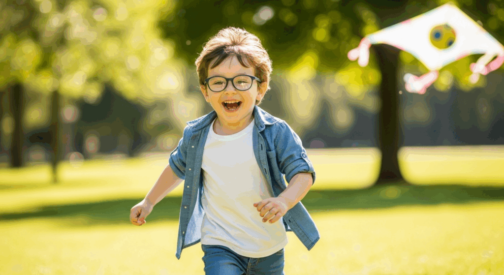  A happy young child wearing glasses while playing actively outdoors in the sun.