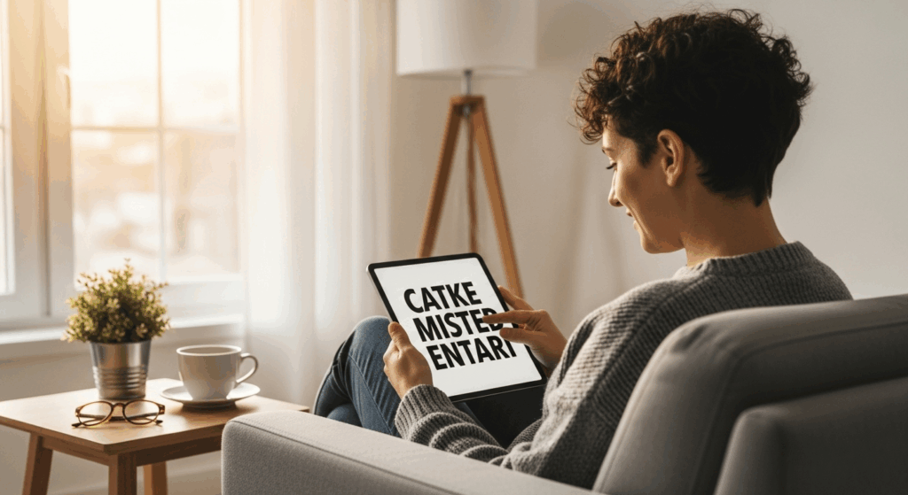 A person with low vision comfortably using a tablet with accessibility features in a brightly lit room