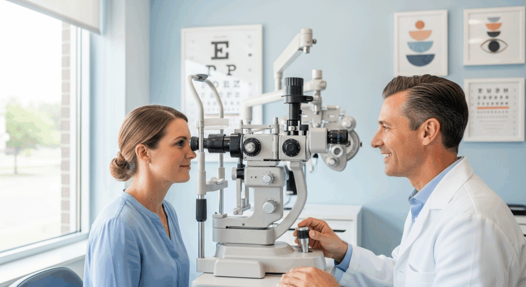 A patient calmly undergoing an eye exam with a friendly optometrist, showing the process of diagnosing and correcting vision problems.