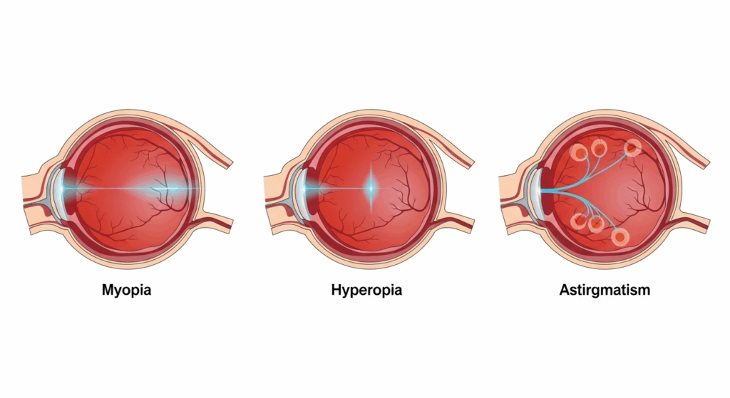 A simplified diagram showing how light focuses in an eye with myopia (nearsightedness), hyperopia (farsightedness), and astigmatism