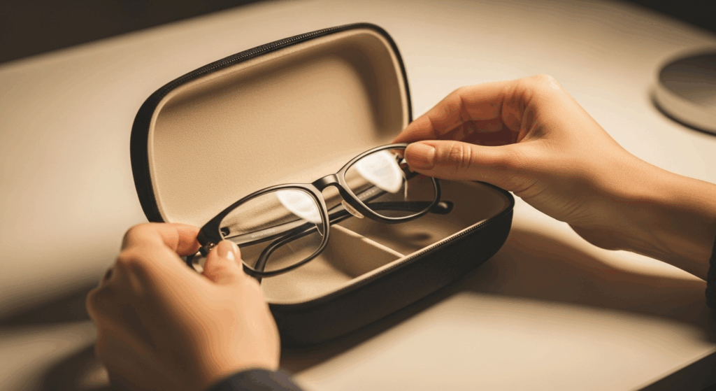 A person carefully placing their eyeglasses into a protective hard case for safe storage to prevent scratches.