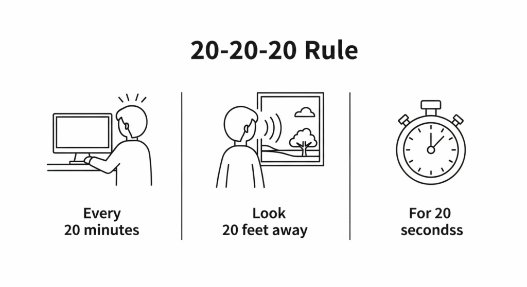 An infographic explaining the 20-20-20 rule to prevent digital eye strain.