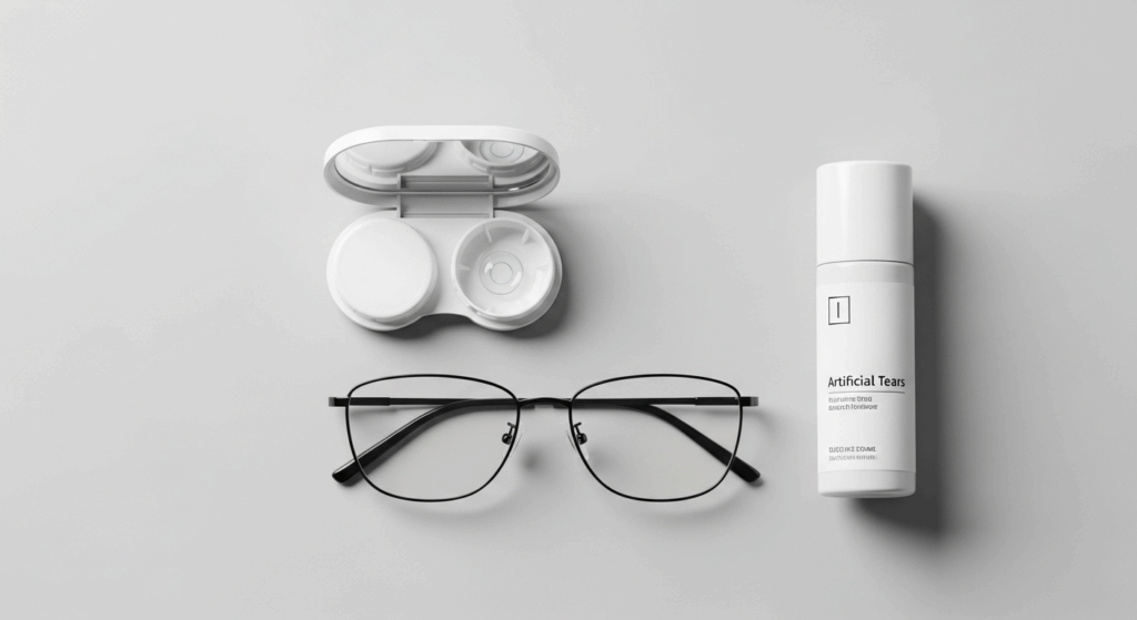 An overhead photo displaying common vision correction items: a pair of eyeglasses, a contact lens in its case, and a bottle of artificial tears
