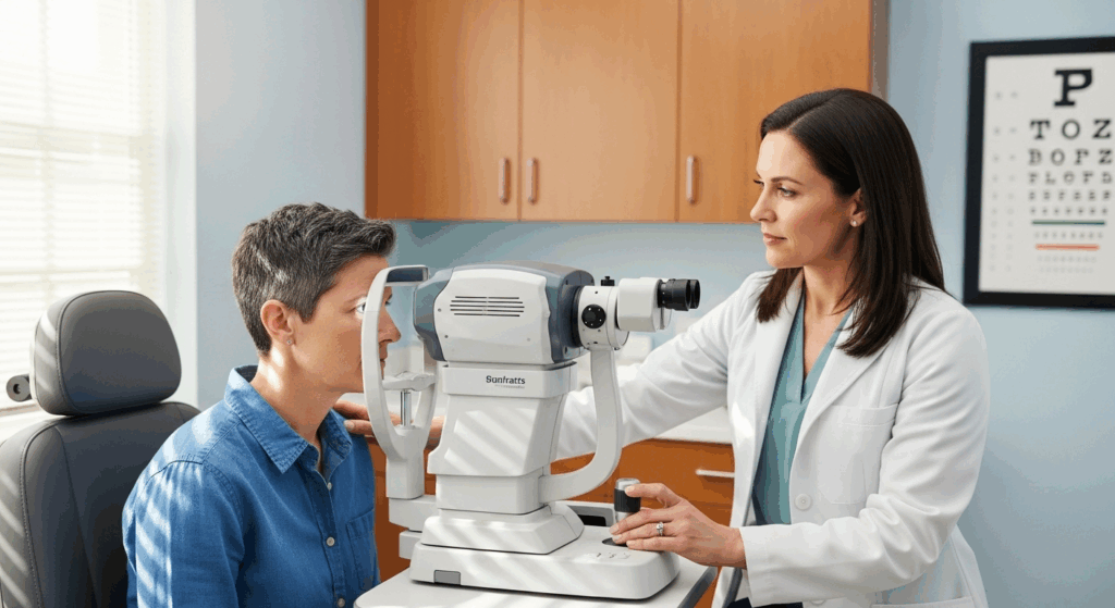Patient undergoing an eye examination with an autorefractor in a clean clinic.