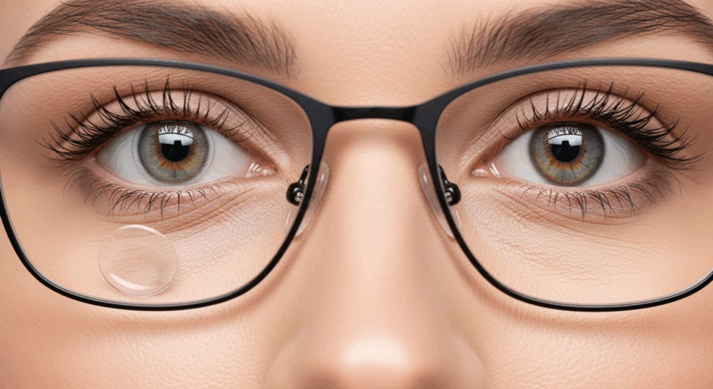 Person wearing contact lenses in one eye and glasses on the nose, demonstrating vision correction.