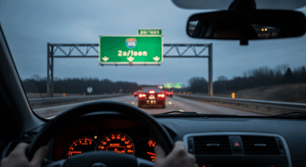 The view from a car's driver seat at dusk, where a distant green highway sign is completely blurry and illegible, illustrating the danger of driving with uncorrected 20/100 vision.