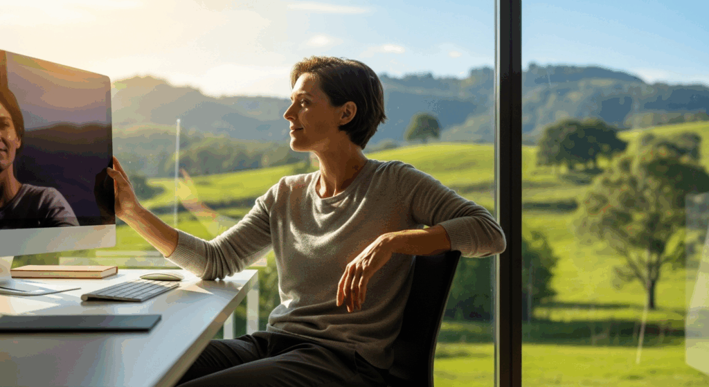 A person taking a healthy screen break by looking out a window into the distance, demonstrating good eye care habits like the 20-20-20 rule